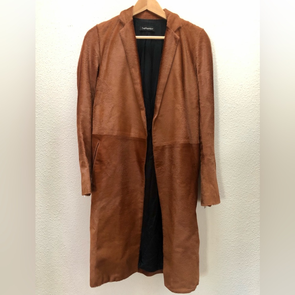 ThePerfext Genuine Calf hair fur coat in chestnut brown